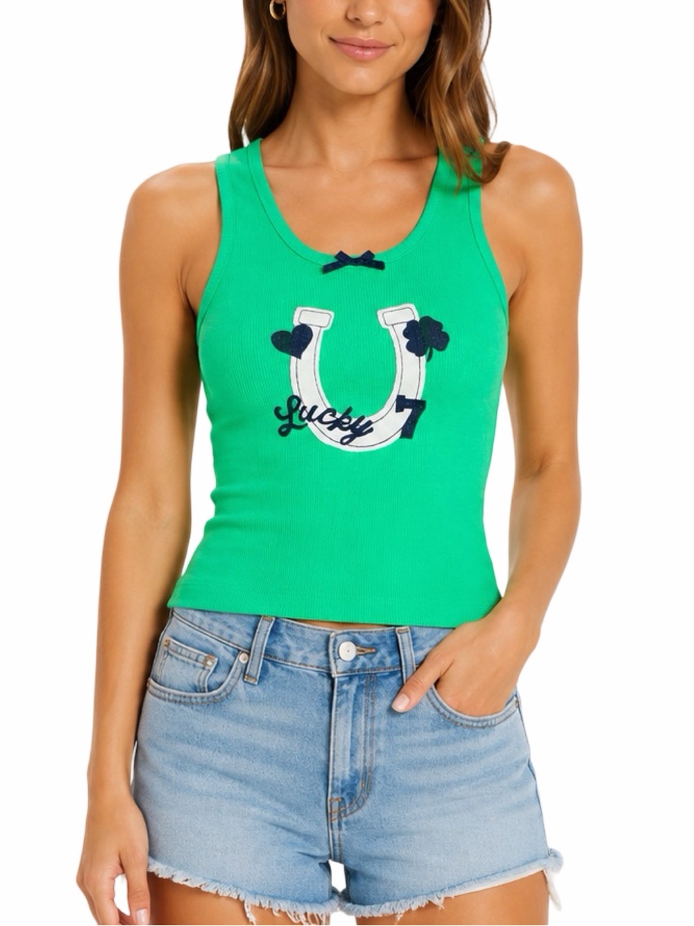 Daydreamer Lucky 7 Ribbed Tank Top - Size XS - Green